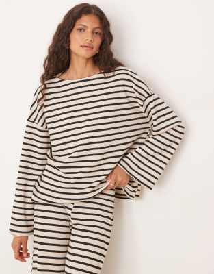 ASOS DESIGN waffle wide long sleeve top co-ord in mono stripe - view 1