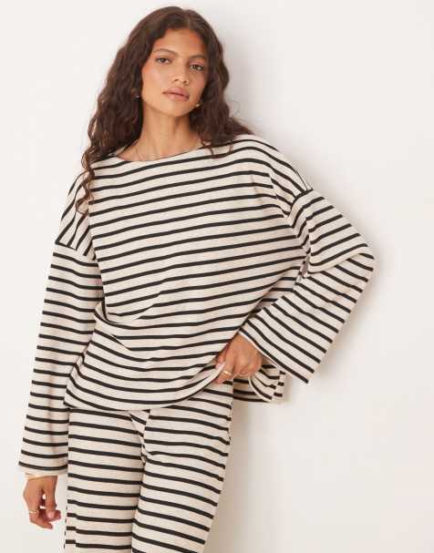 ASOS DESIGN waffle wide long sleeve top in mono stripe (Part of a set) - view 1