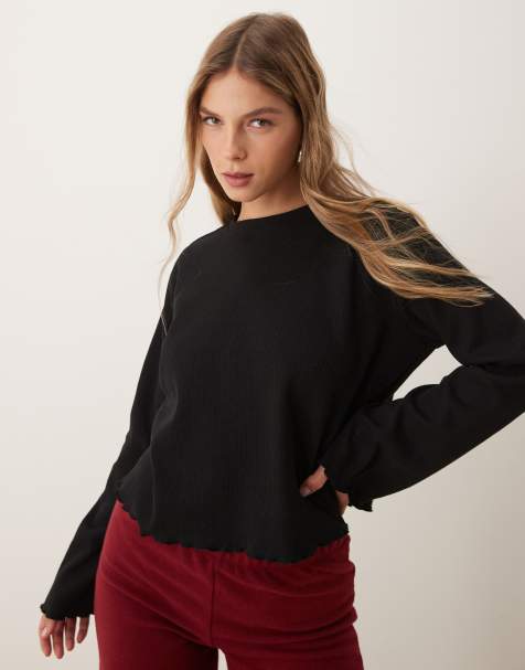 ASOS DESIGN waffle wide sleeve top in black - view 1