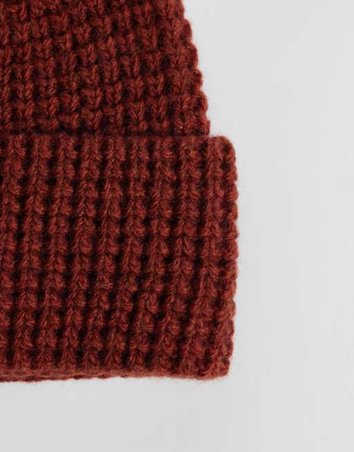ASOS DESIGN waffle wool blend mini beanie in rust, 2 of 3