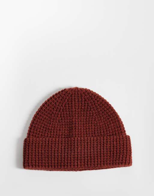 ASOS DESIGN waffle wool blend mini beanie in rust, 3 of 3