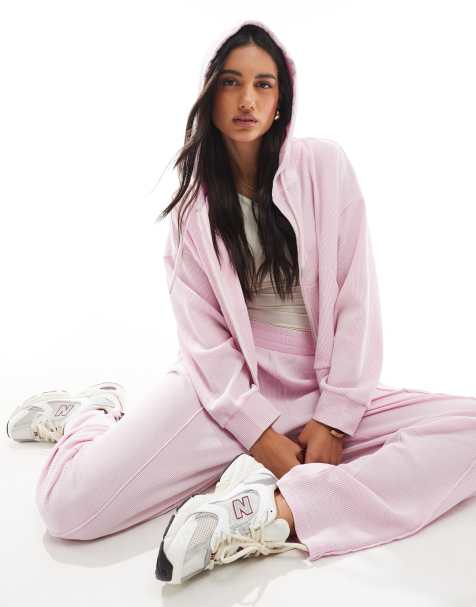 ASOS DESIGN waffle zip through hoodie in washed pink (part of a set) - view 1