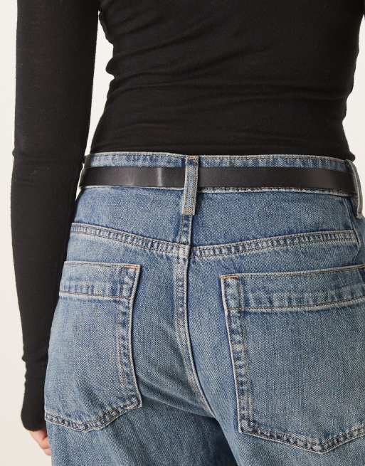 ASOS DESIGN waist and hip belt in black with brushed gold-tone disc buckle