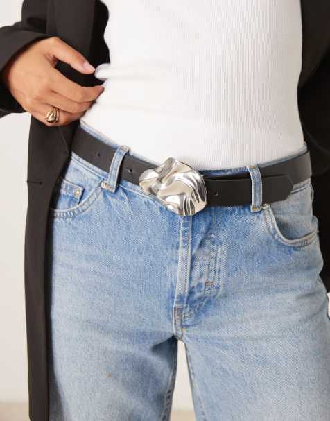 ASOS DESIGN waist and hip belt with hammered buckle in black - view 1