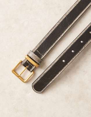 Asos Design Waist And Hip Belt With Square Gold Buckle And Distressed Black Design In Black