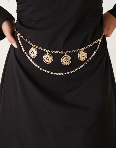 ASOS DESIGN waist and hip chain coin belt in gold - view 1