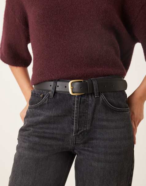 ASOS DESIGN waist and hip classic jeans belt in black with antique gold buckle - view 1