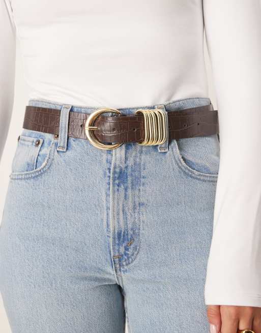 ASOS DESIGN waist and hip croc belt in with multi keeper in chocolate