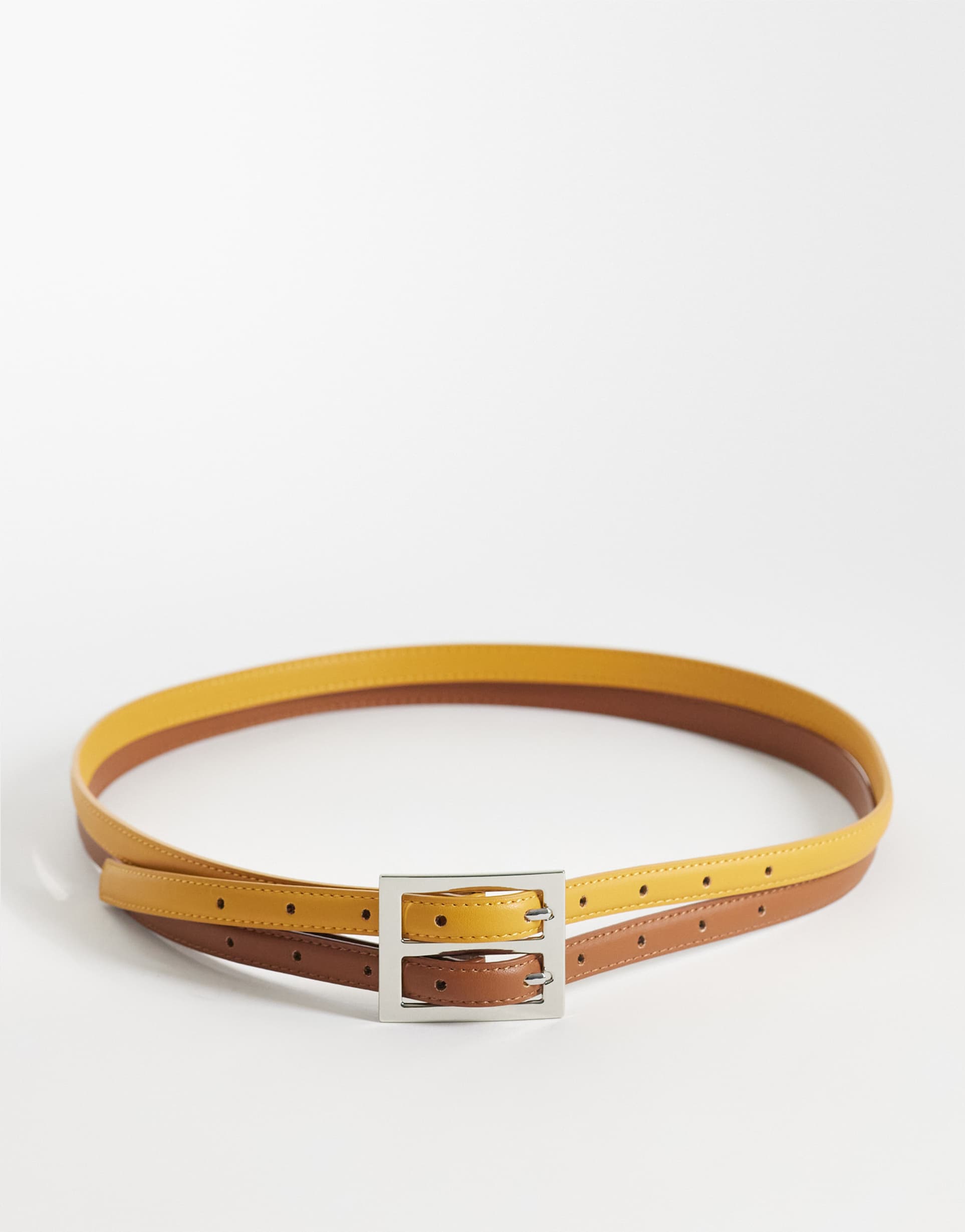asos design waist and hip double buckle belt in yellow and tan