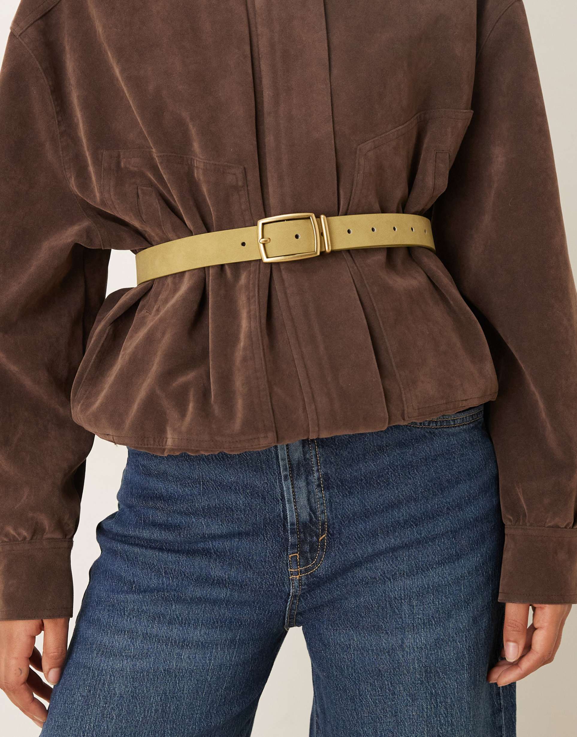 asos design waist and hip faux suede square buckle belt in olive green
