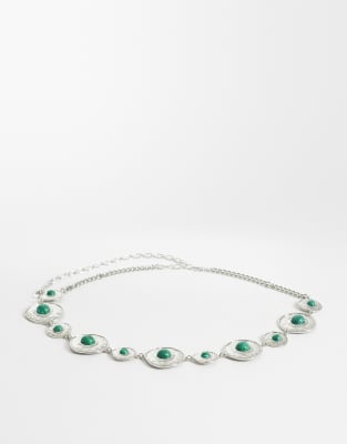 Asos Design Waist And Hip Green Stone Set Chain Belt In Orange