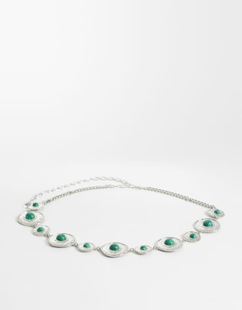 ASOS DESIGN waist and hip green stone set chain belt in silver - view 1