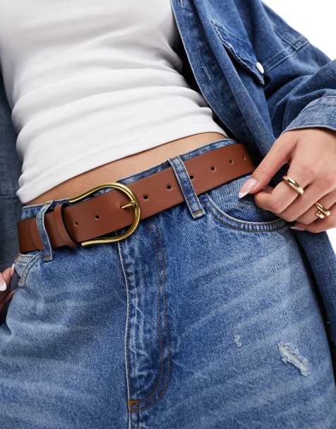 ASOS DESIGN waist and hip half moon jeans belt in tan  - view 1