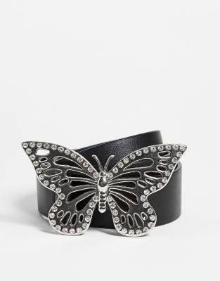 Asos Design Waist And Hip Jean Belt With Butterfly Buckle In Black
