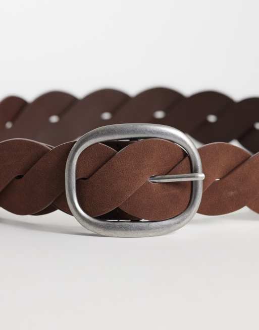 ASOS DESIGN waist and hip jeans belt in plait in chocolate, 2 of 3