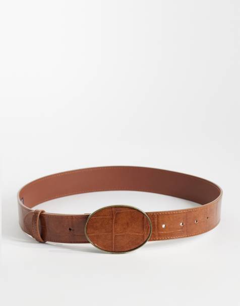 ASOS DESIGN waist and hip jeans belt with covered oval buckle in tan croc - view 1