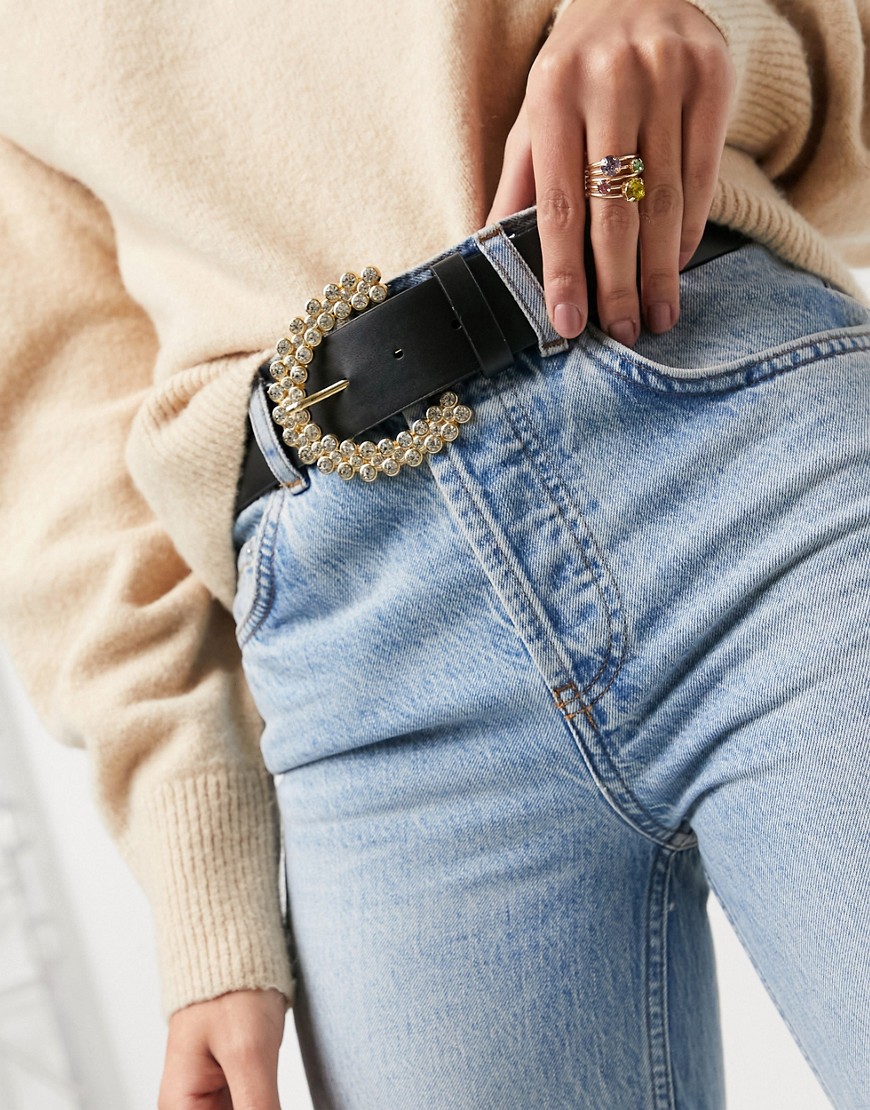 ASOS DESIGN waist and hip jeans belt with crystal buckle-Black