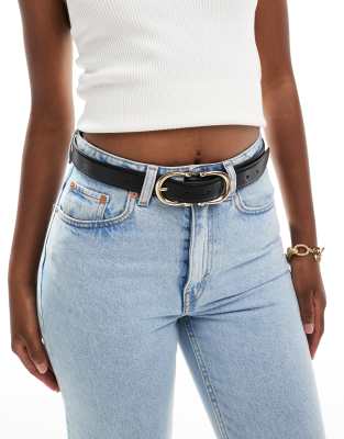 waist and hip jeans belt with double half moon buckle in black