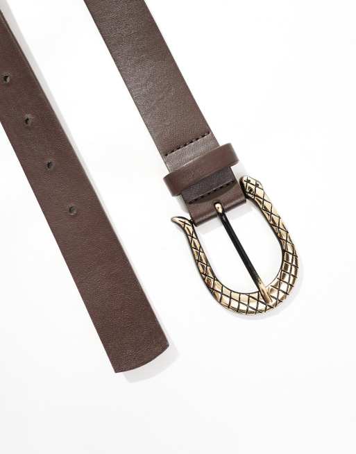 ASOS DESIGN waist and hip jeans belt with gold snake buckle in brown, 4 of 4
