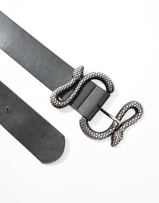 Designer black leather belt silver snake buckle Black Python Snake Belt Silver Buckle main image 3