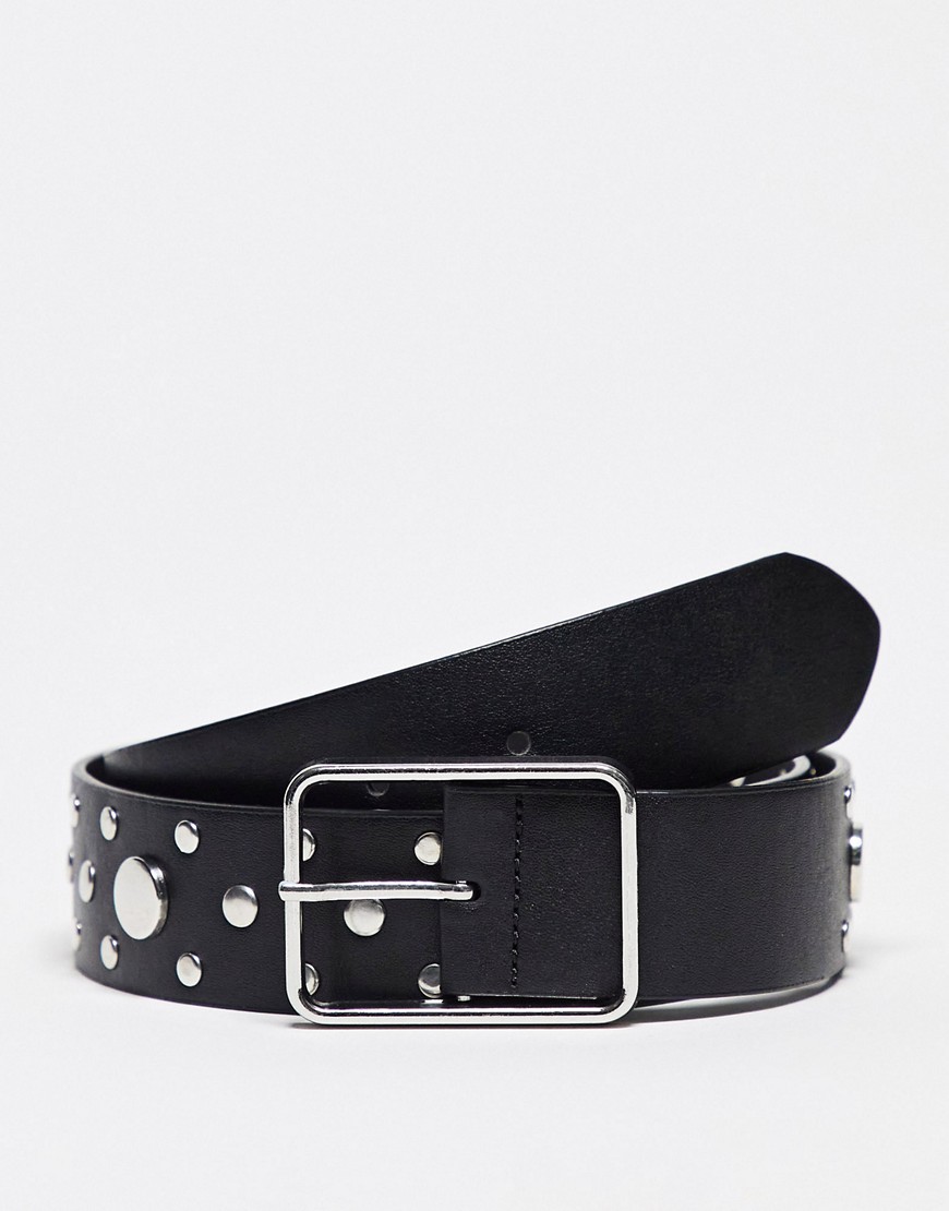 ASOS DESIGN waist and hip jeans belt with studding and square buckle-Black