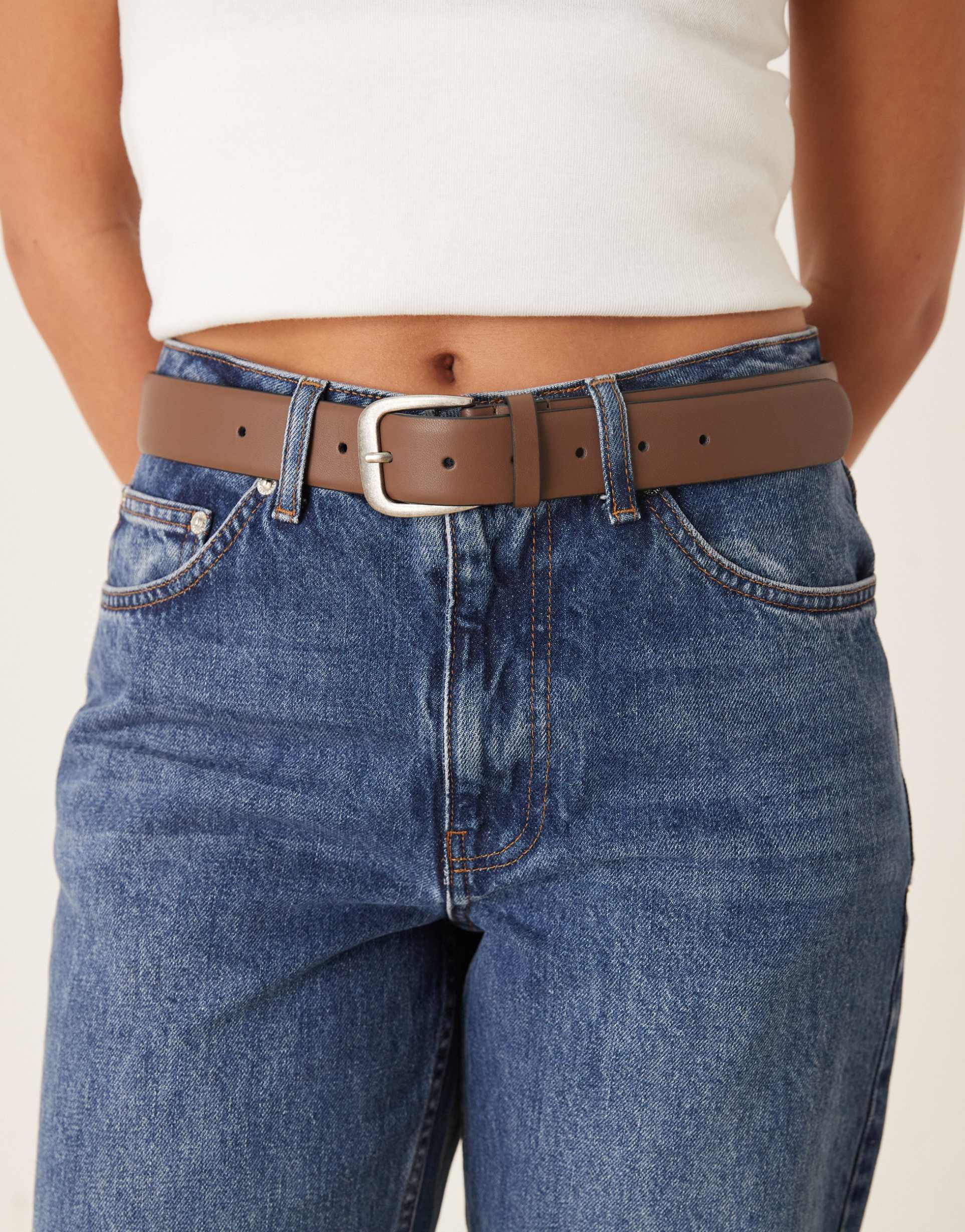 asos design waist and hip jeans classic jean belt in chocolate with antique silver-tone buckle
