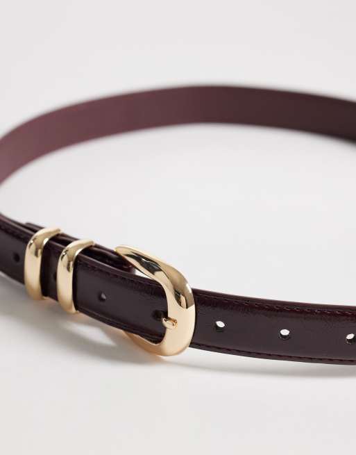 ASOS DESIGN waist and hip patent multi keeper belt in burgundy, 2 of 3
