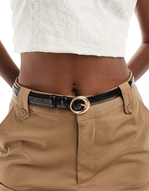ASOS DESIGN waist and hip patent skinny belt with circle buckle in chocolate - view 1