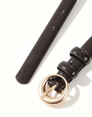 Asos Design Waist And Hip Patent Skinny Belt With Circle Buckle In Black