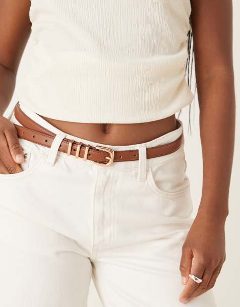 ASOS DESIGN waist and hip skinny multi keeper belt in tan - view 1