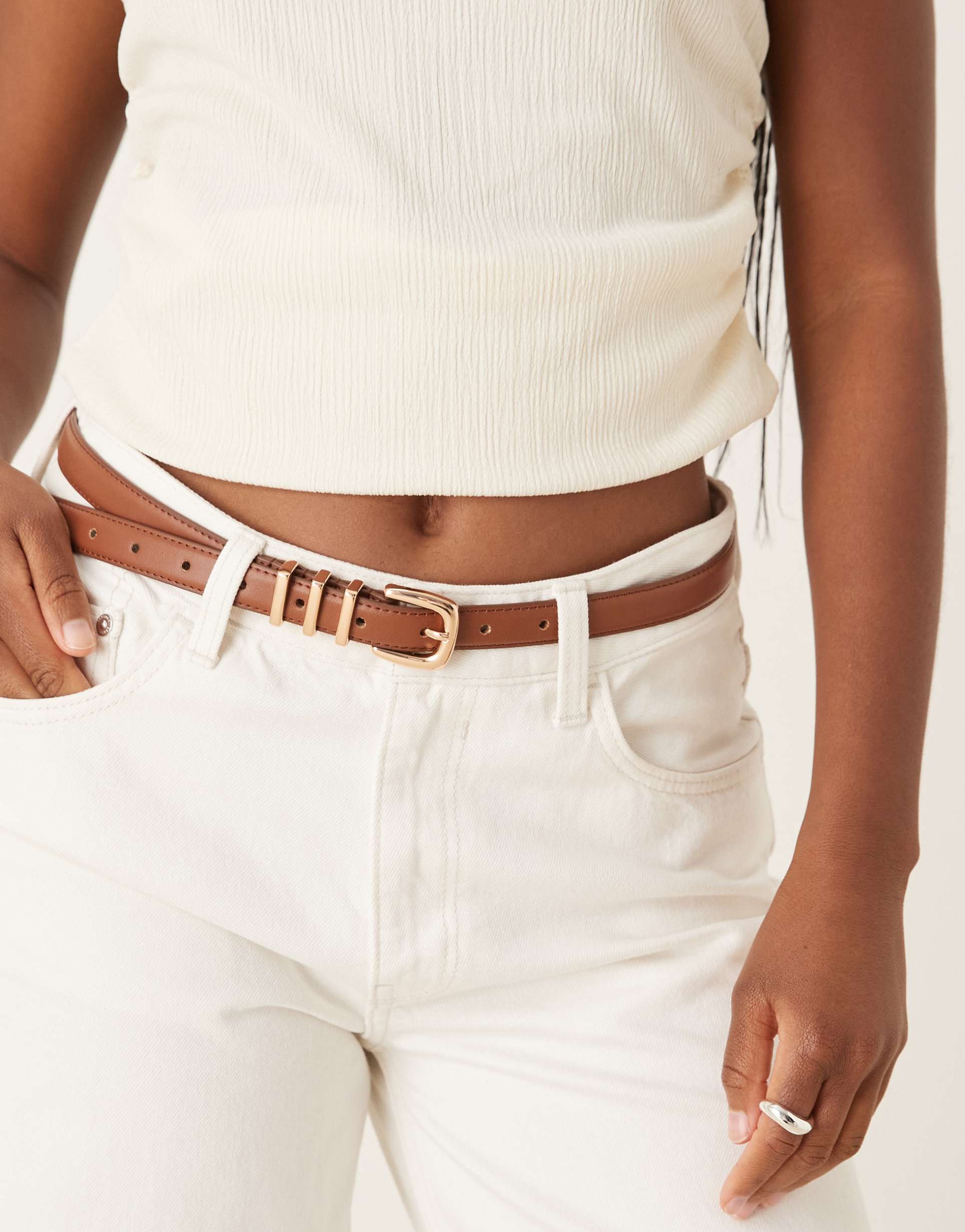 asos design waist and hip skinny multi keeper belt in tan