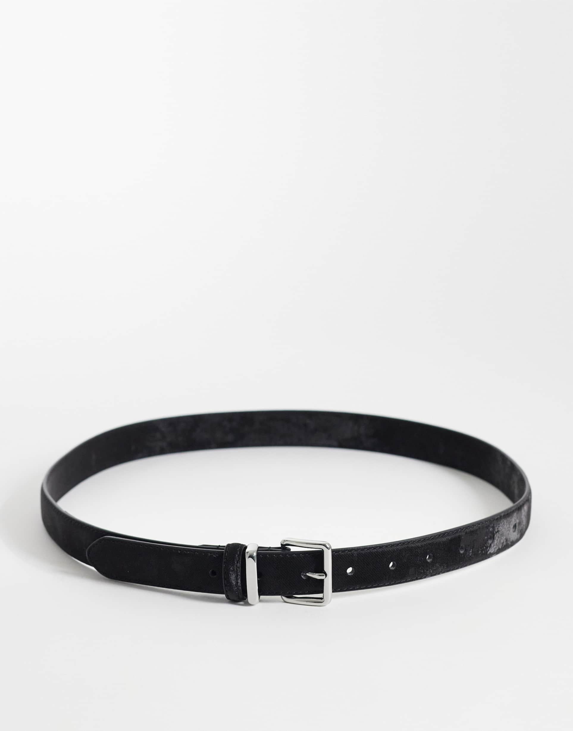 asos design waist and hip square buckle belt in distressed black faux suede