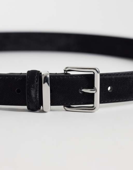 ASOS DESIGN waist and hip square buckle belt in distressed black faux suede, 2 of 3