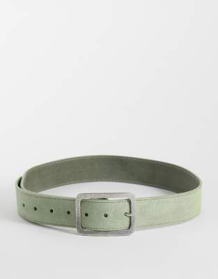 Asos Design Waist And Hip Square Buckle Suede Belt In Green