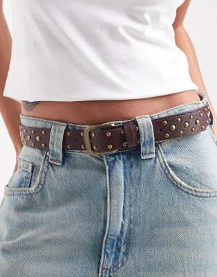Asos Design Waist And Hip Studded Belt In Brown
