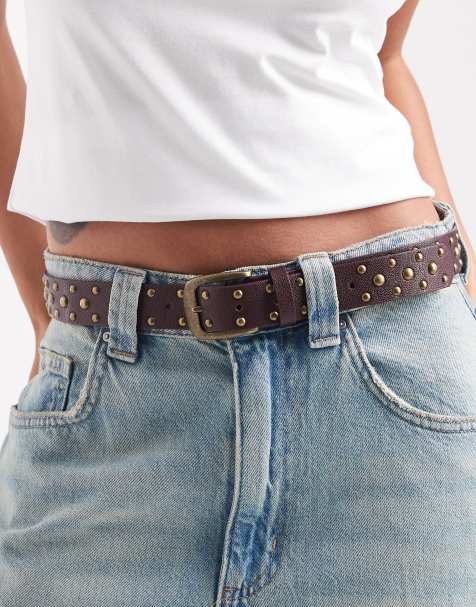 ASOS DESIGN waist and hip studded belt in burgundy - view 1