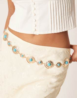 Asos Design Waist And Hip Turq Stone Set Chain Belt In Gold