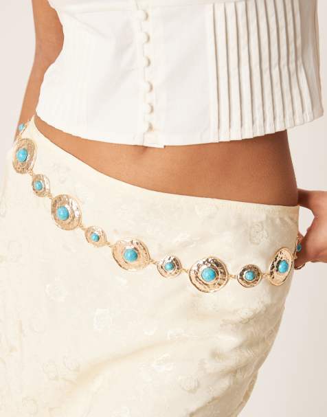 ASOS DESIGN waist and hip turq stone set chain belt in gold - view 1