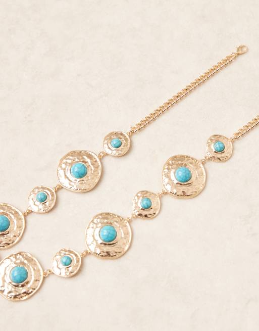ASOS DESIGN waist and hip turquoise stone set chain belt in gold, 2 of 3