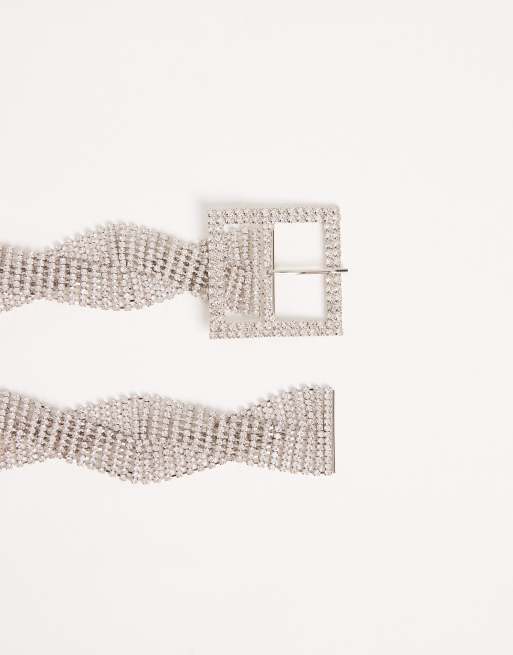ASOS DESIGN waist and hip twisted diamante belt with square buckle in silver, 3 of 3