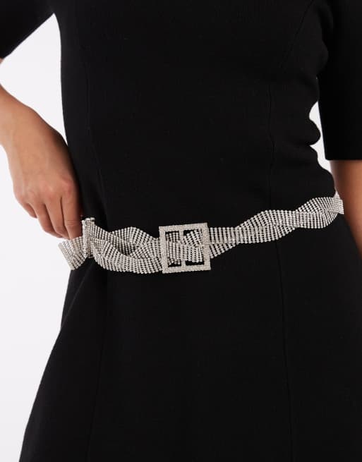 ASOS DESIGN waist and hip twisted diamonte belt with square buckle in silver