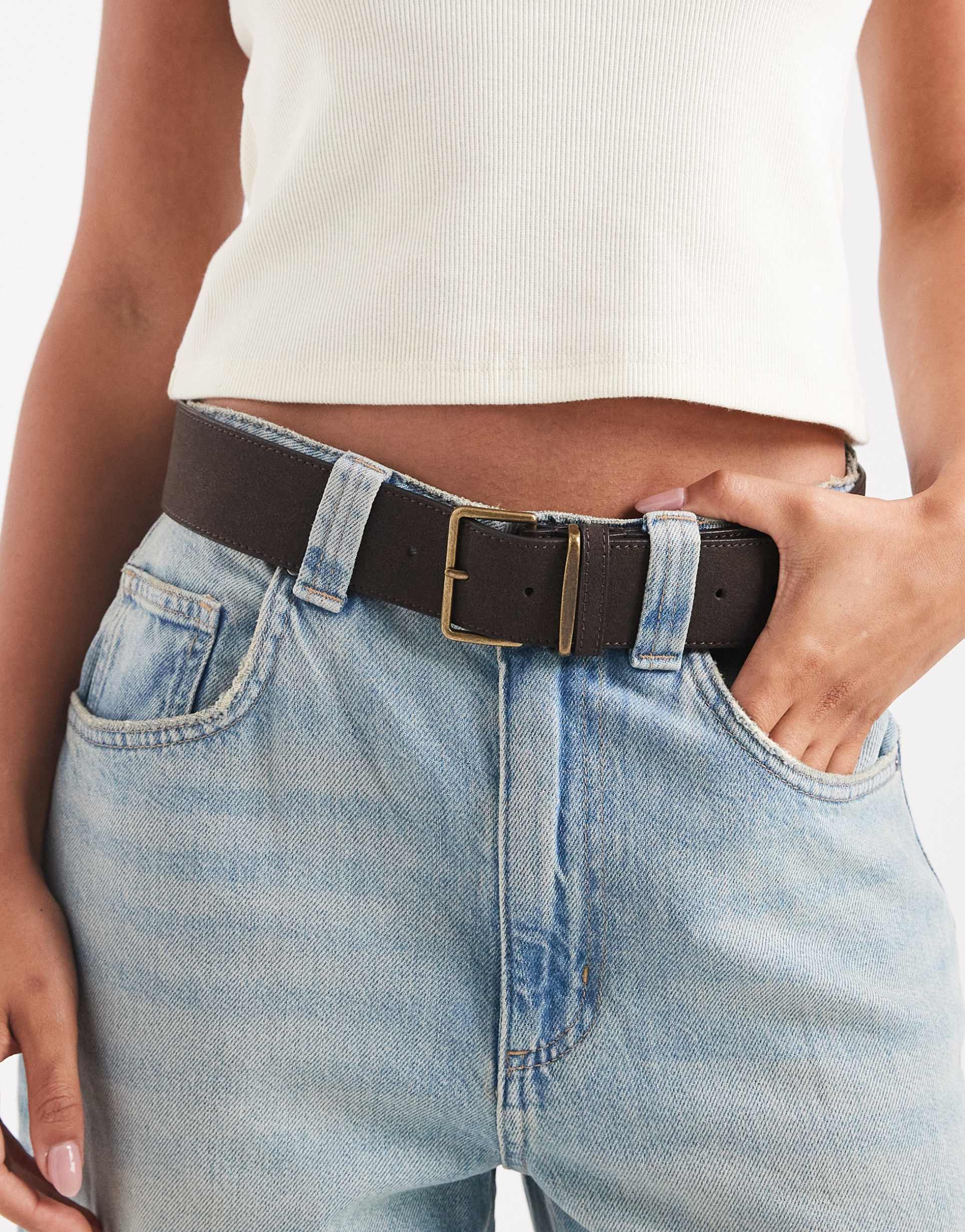 asos design waist and hip wide square buckle belt in chocolate