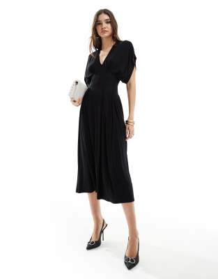 Asos Design Waist Band Detail Short Flutter Sleeve Midi Tea Dress In Black