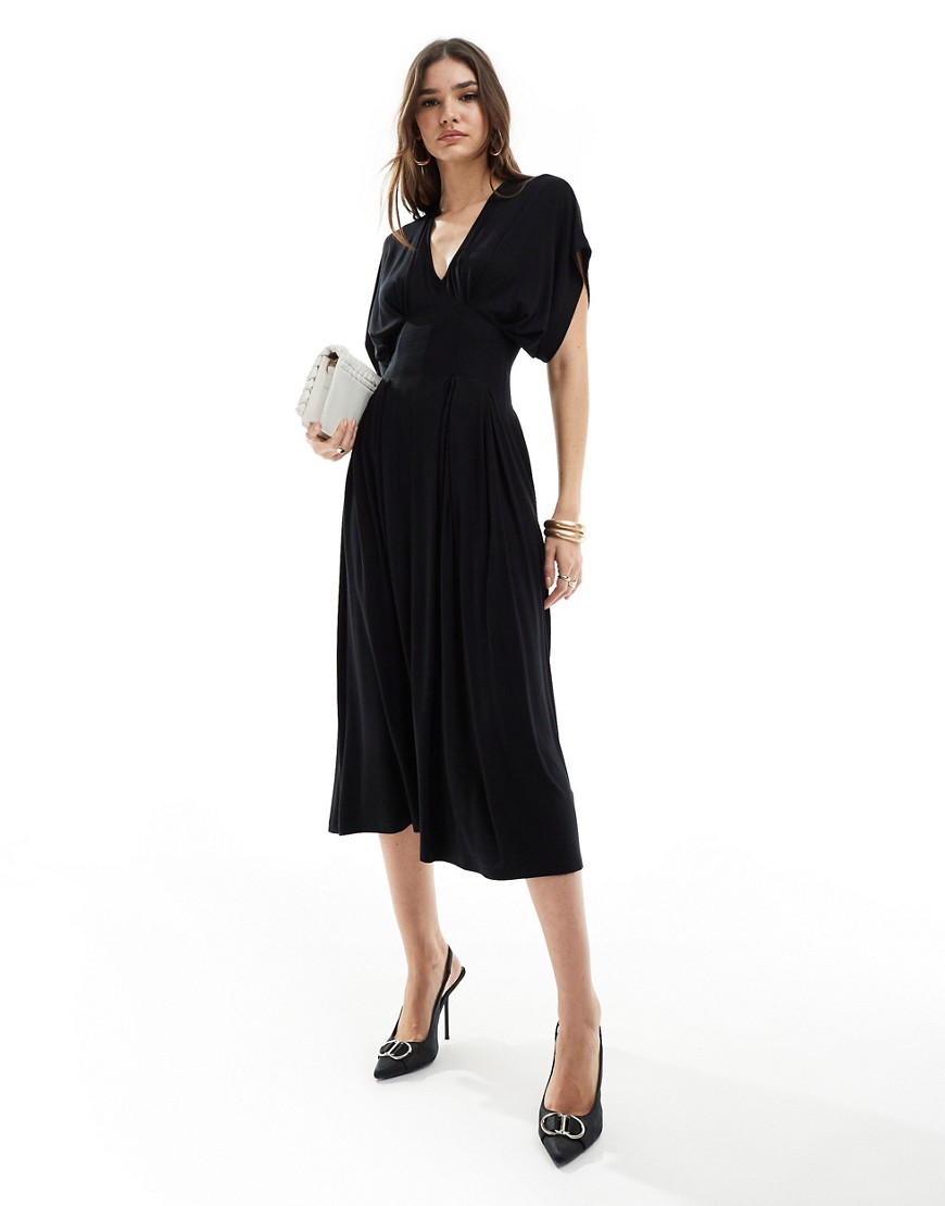 ASOS DESIGN waist band detail short flutter sleeve midi tea dress in black