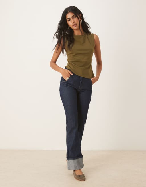 ASOS DESIGN waist detail asymmetric  sharp should tee in olive, 2 of 4