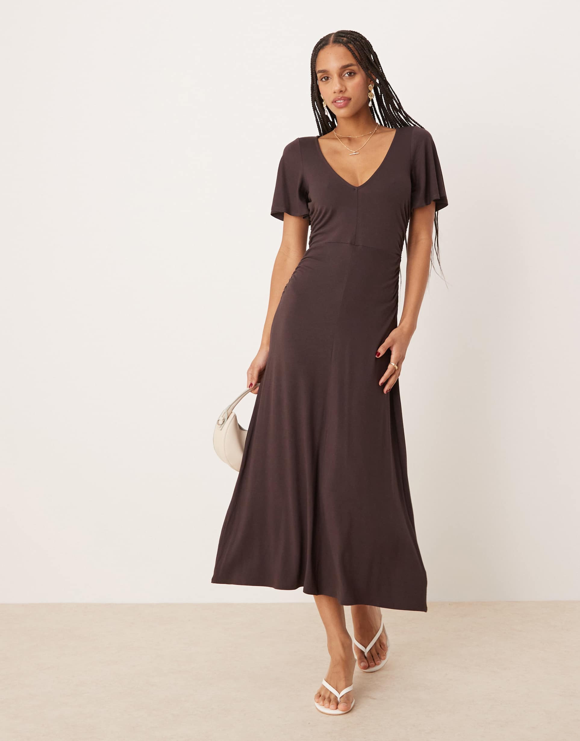 asos design waist detail midi tea dress with godets in chocolate