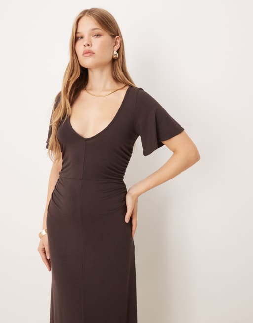 ASOS DESIGN waist detail midi tea dress with godets in chocolate