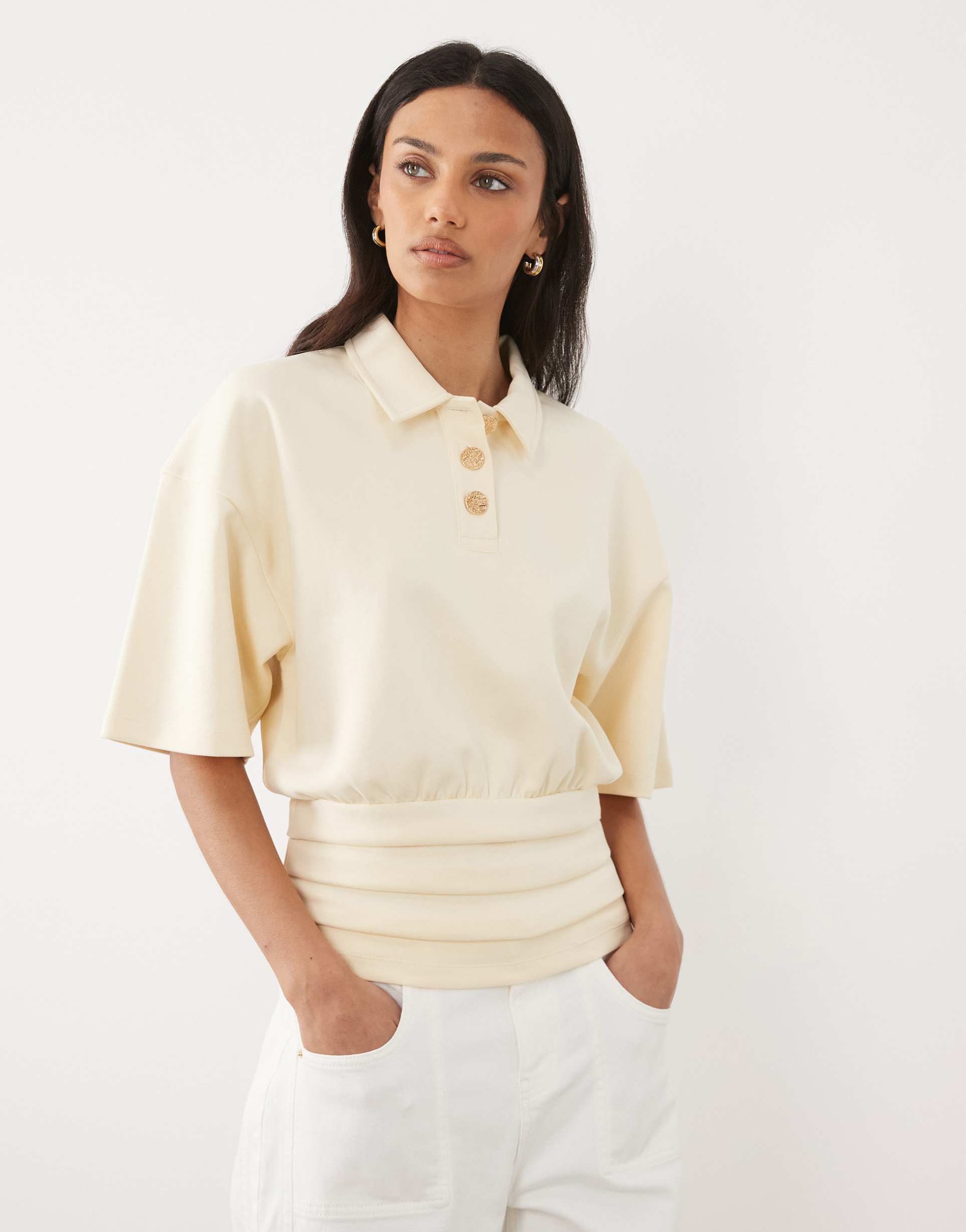 asos design waist detailing interlock top in buttermilk