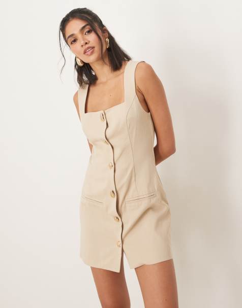 ASOS DESIGN waistcoat mini dress with gold button detail in stone - view 1