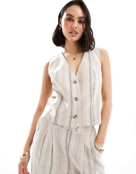 ASOS DESIGN waistcoat with linen in deckchair stripe co-ord - view 1